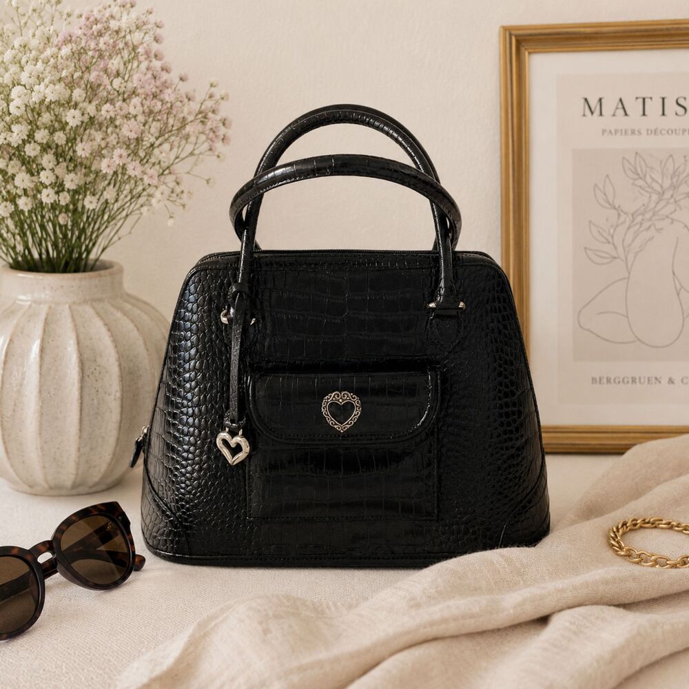 Vintage Black Leather Brighton Croc Heart Charm Large Tote Satchel Handbag